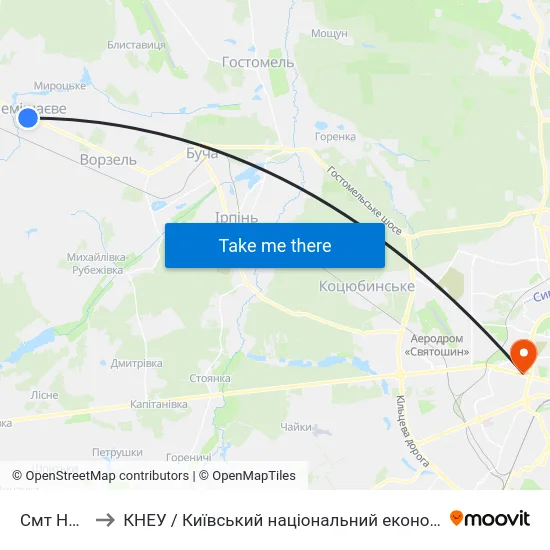 Смт Немішаєве to КНЕУ / Київський національний економічний університет ім. В. Гетьмана map