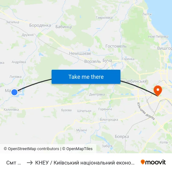 Смт Макарів to КНЕУ / Київський національний економічний університет ім. В. Гетьмана map