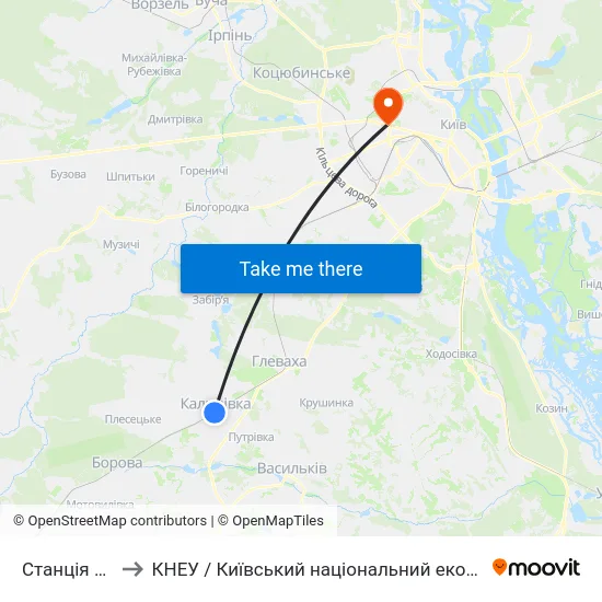 Станція Васильків-1 to КНЕУ / Київський національний економічний університет ім. В. Гетьмана map