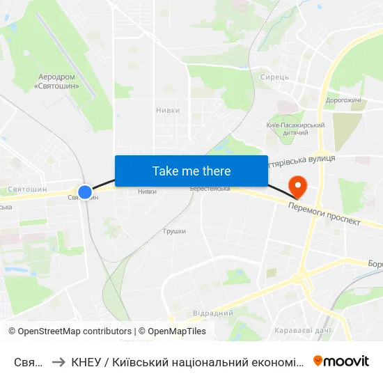 Святошин to КНЕУ / Київський національний економічний університет ім. В. Гетьмана map