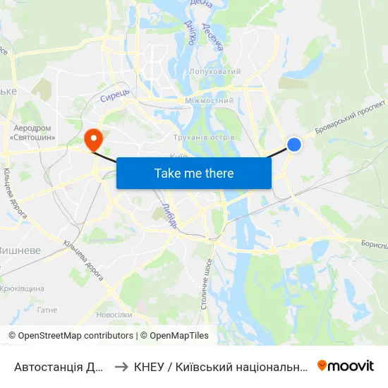 Автостанція Дарниця (Платформа №8) to КНЕУ / Київський національний економічний університет ім. В. Гетьмана map