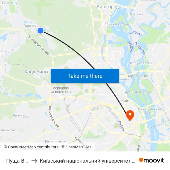 Пуща-Водиця to Київський національний університет культури і мистецтв map