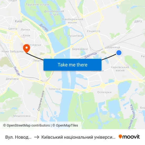 Вул. Новодарницька to Київський національний університет культури і мистецтв map