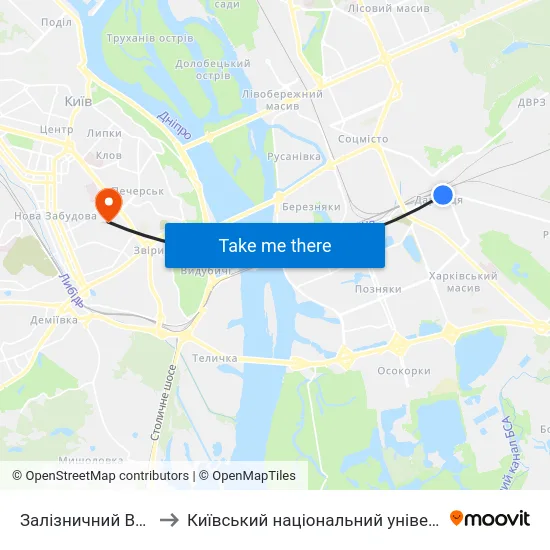 Залізничний Вокзал Дарниця to Київський національний університет культури і мистецтв map