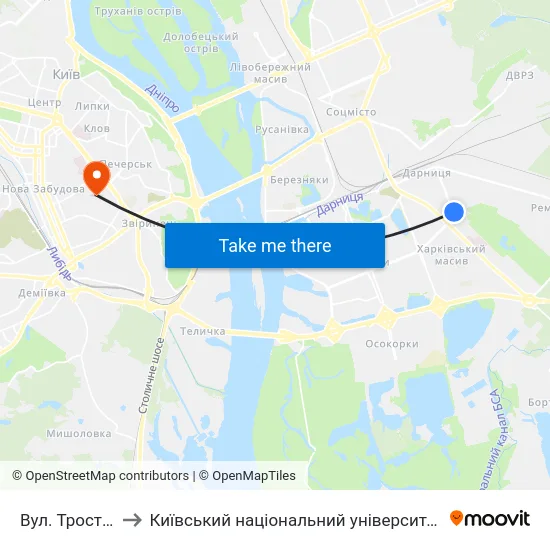 Вул. Тростянецька to Київський національний університет культури і мистецтв map