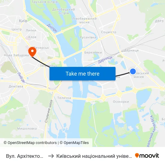 Вул. Архітектора Вербицького to Київський національний університет культури і мистецтв map