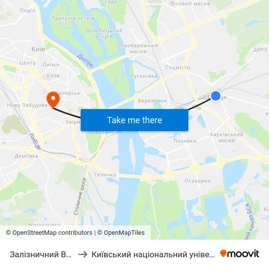 Залізничний Вокзал Дарниця to Київський національний університет культури і мистецтв map