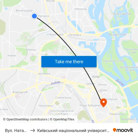 Вул. Наталії Ужвій to Київський національний університет культури і мистецтв map