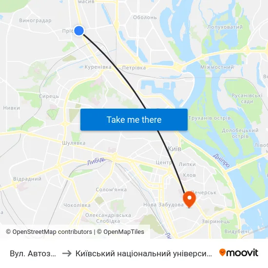 Вул. Автозаводська to Київський національний університет культури і мистецтв map