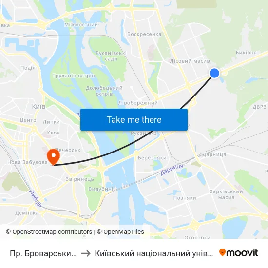 Пр. Броварський (Ст. М. Лісова) to Київський національний університет культури і мистецтв map