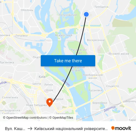 Вул. Каштанова to Київський національний університет культури і мистецтв map