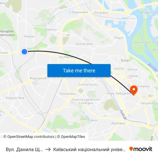 Вул. Данила Щербаківського to Київський національний університет культури і мистецтв map