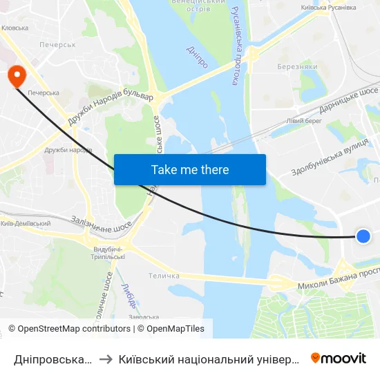 Дніпровська Набережна to Київський національний університет культури і мистецтв map