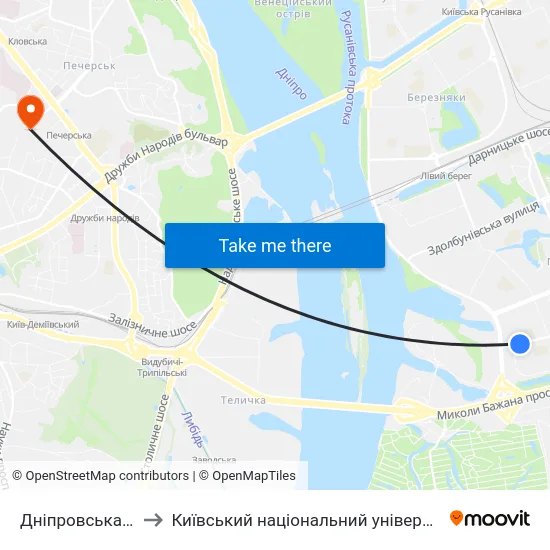 Дніпровська Набережна to Київський національний університет культури і мистецтв map