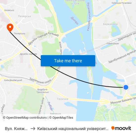 Вул. Княжий Затон to Київський національний університет культури і мистецтв map