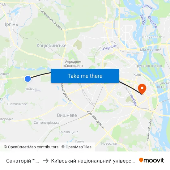Санаторій ""Перемога"" to Київський національний університет культури і мистецтв map