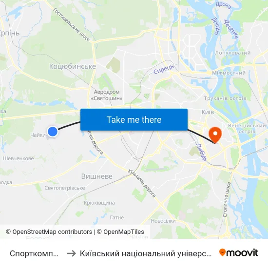 Спорткомплекс Чайка to Київський національний університет культури і мистецтв map