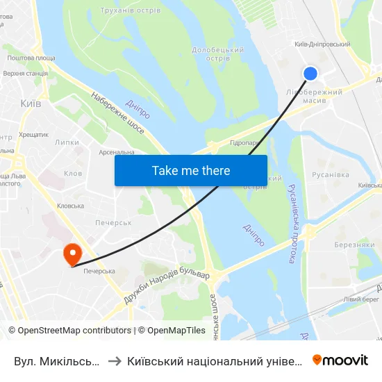 Вул. Микільсько-Слобідська to Київський національний університет культури і мистецтв map