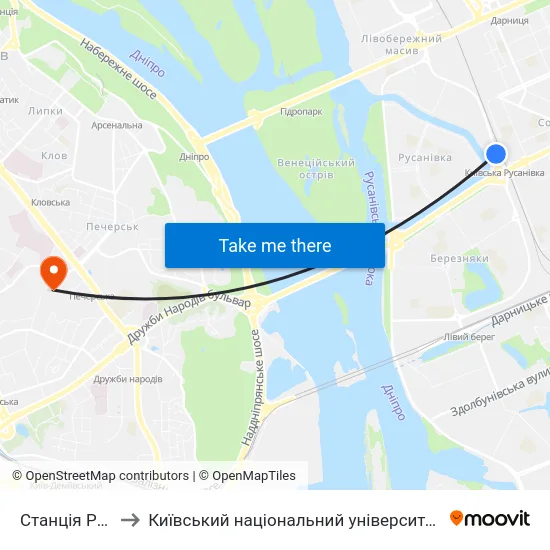 Станція Русанівка to Київський національний університет культури і мистецтв map