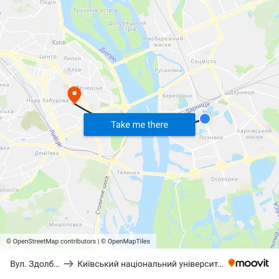 Вул. Здолбунівська to Київський національний університет культури і мистецтв map