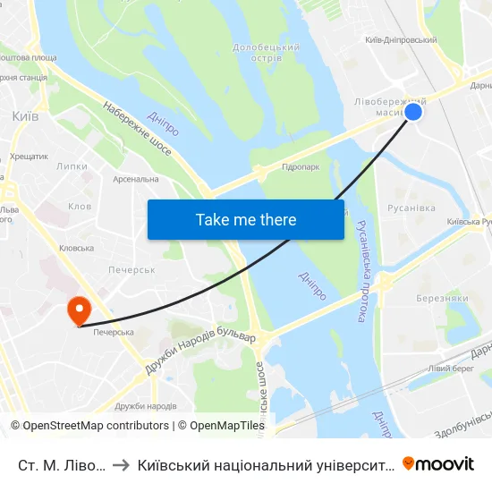 Ст. М. Лівобережна to Київський національний університет культури і мистецтв map