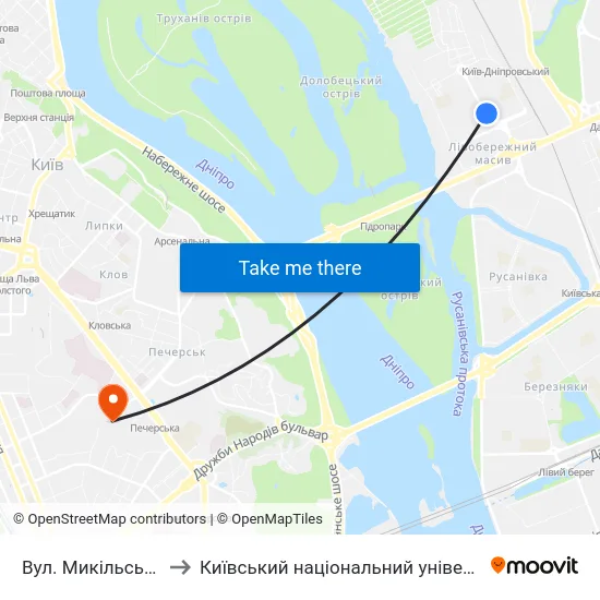 Вул. Микільсько-Слобідська to Київський національний університет культури і мистецтв map