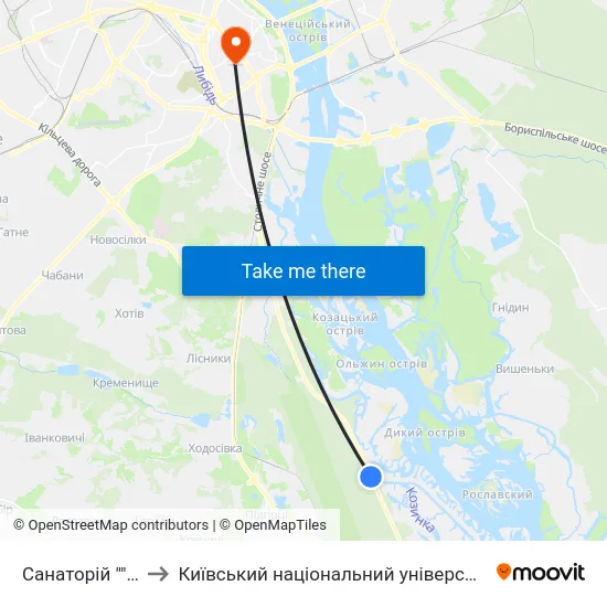 Санаторій ""Жовтень"" to Київський національний університет культури і мистецтв map