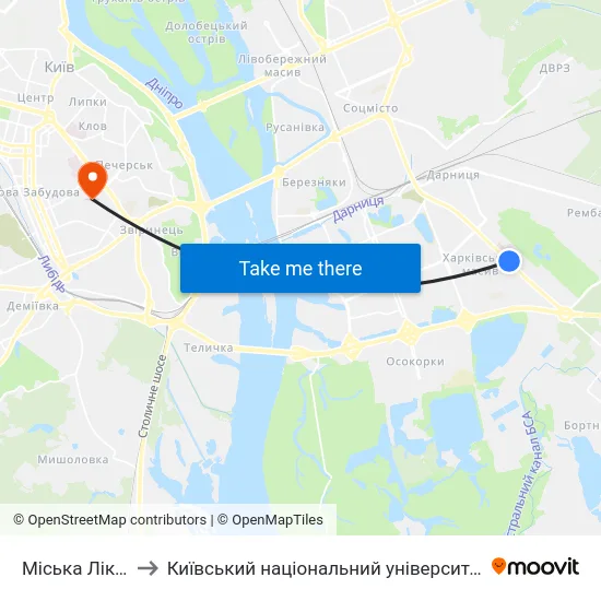 Міська Лікарня №1 to Київський національний університет культури і мистецтв map