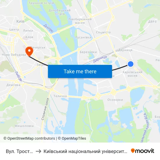 Вул. Тростянецька to Київський національний університет культури і мистецтв map