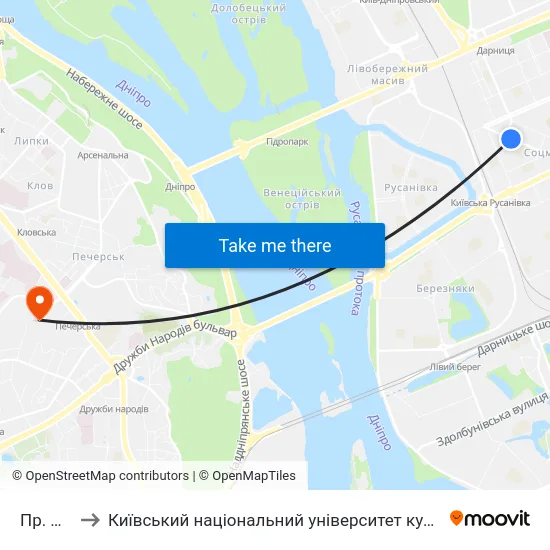 Пр. Миру to Київський національний університет культури і мистецтв map