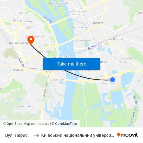 Вул. Лариси Руденко to Київський національний університет культури і мистецтв map
