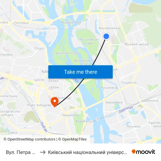 Вул. Петра Запорожця to Київський національний університет культури і мистецтв map