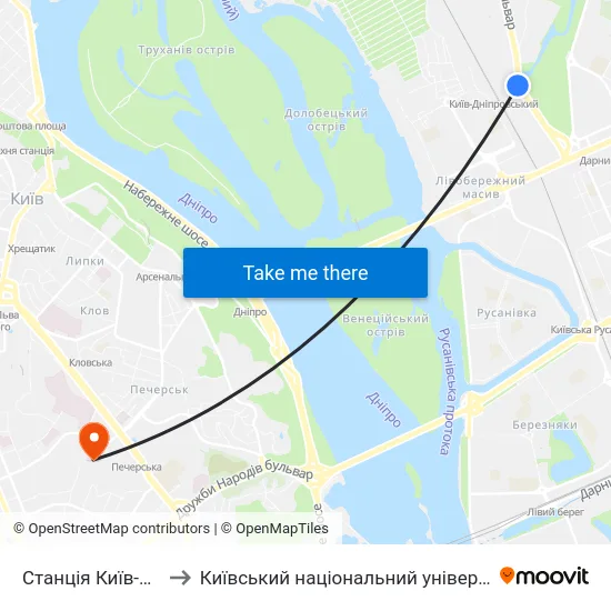 Станція Київ-Дніпровський to Київський національний університет культури і мистецтв map