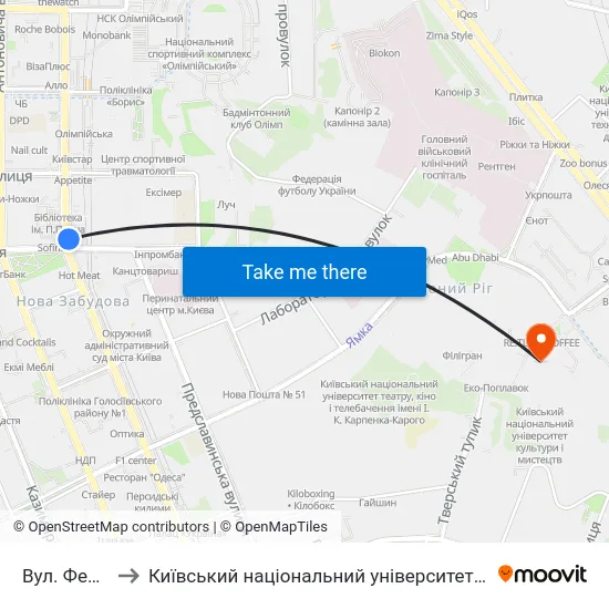 Вул. Федорова to Київський національний університет культури і мистецтв map