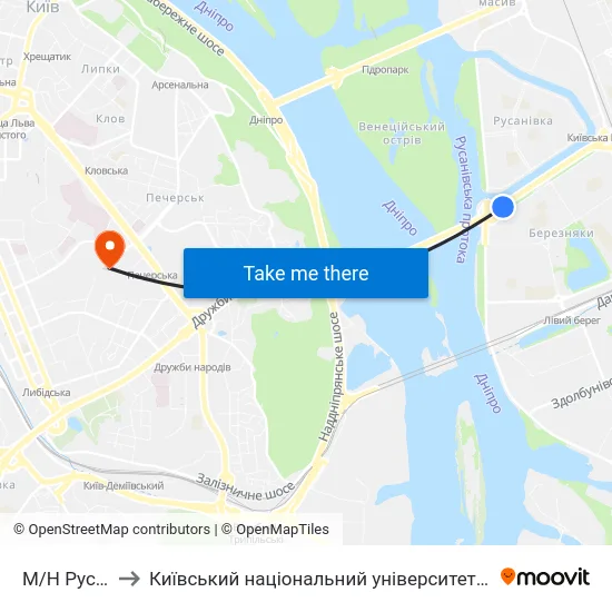 М/Н Русанівка to Київський національний університет культури і мистецтв map