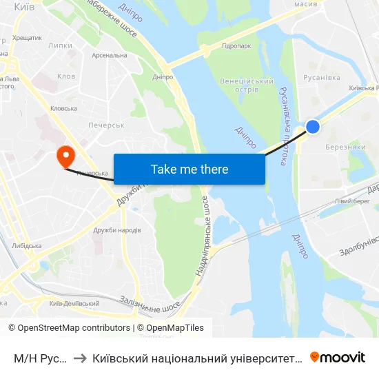 М/Н Русанівка to Київський національний університет культури і мистецтв map