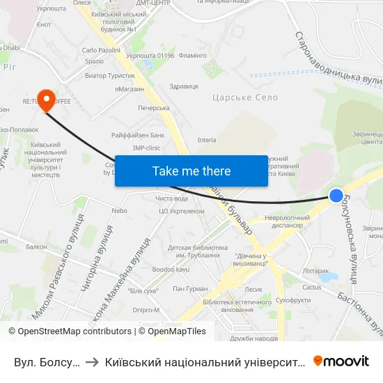 Вул. Болсуновська to Київський національний університет культури і мистецтв map