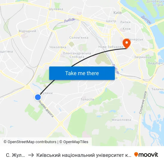 С. Жуляни-2 to Київський національний університет культури і мистецтв map