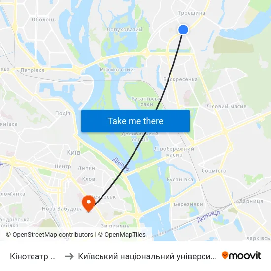 Кінотеатр Флоренція to Київський національний університет культури і мистецтв map
