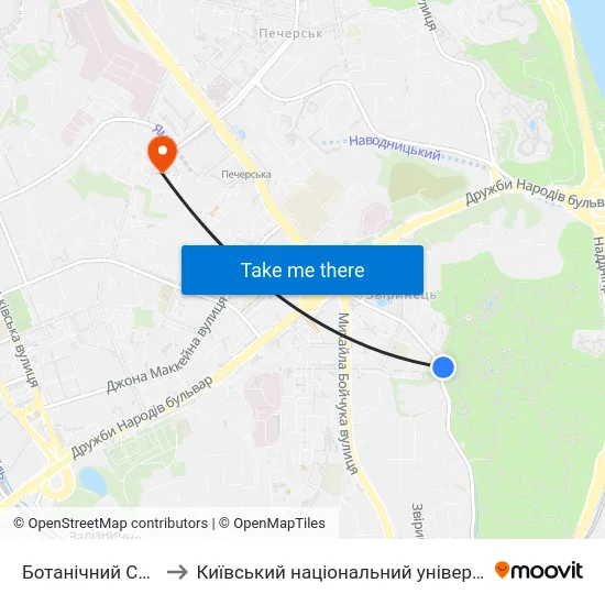 Ботанічний Сад Ім. Гришка to Київський національний університет культури і мистецтв map