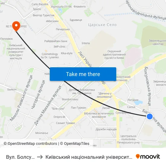 Вул. Болсуновська to Київський національний університет культури і мистецтв map