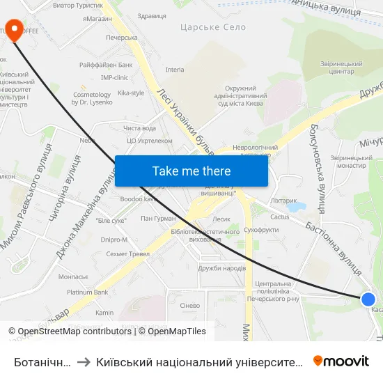 Ботанічний Сад to Київський національний університет культури і мистецтв map
