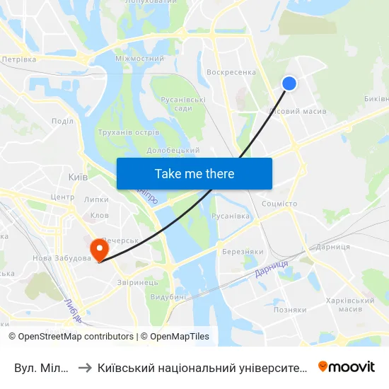 Вул. Мілютенка to Київський національний університет культури і мистецтв map