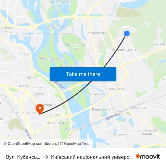 Вул. Кубанської України to Київський національний університет культури і мистецтв map