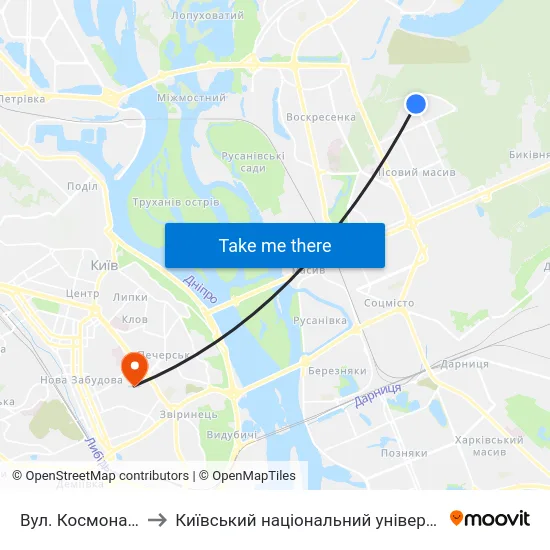 Вул. Космонавта Волкова to Київський національний університет культури і мистецтв map