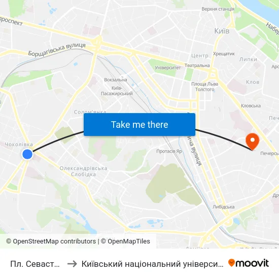 Пл. Севастопольська to Київський національний університет культури і мистецтв map