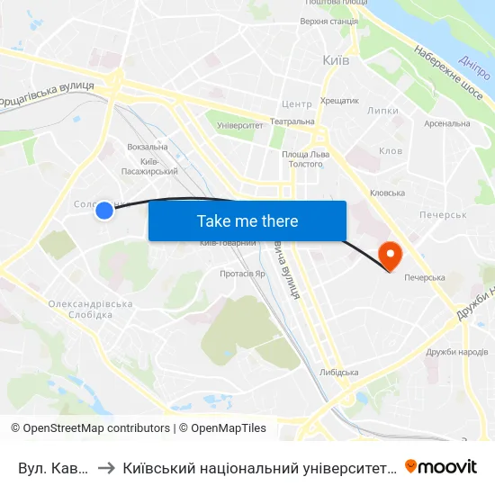 Вул. Кавказька to Київський національний університет культури і мистецтв map