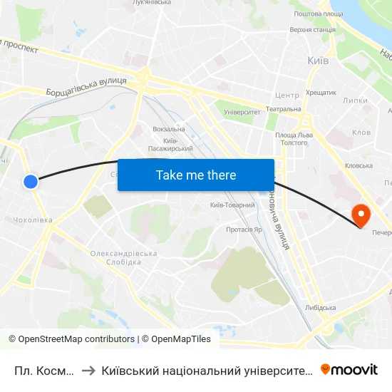 Пл. Космонавтів to Київський національний університет культури і мистецтв map