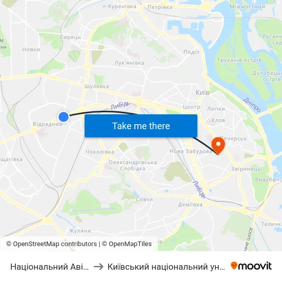 Національний Авіаційний Університет to Київський національний університет культури і мистецтв map