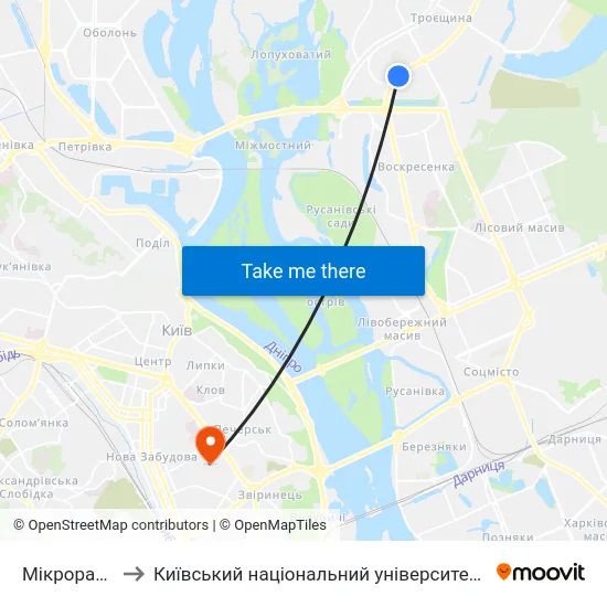 Мікрорайон №1 to Київський національний університет культури і мистецтв map